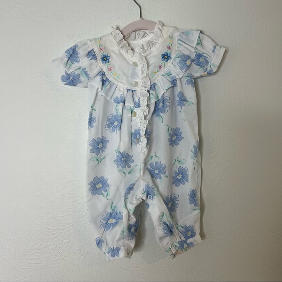 Vintage 80s 90s Floral Blue Baby One Piece - Picture 1 of 9